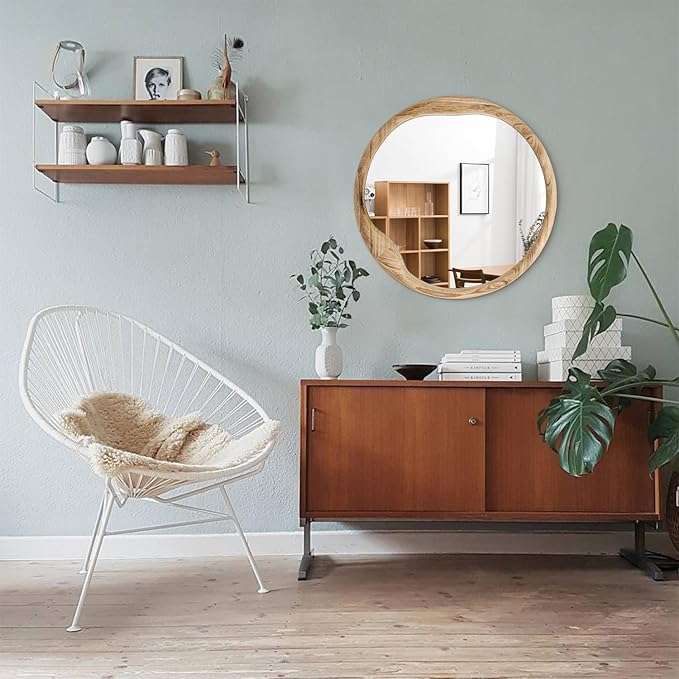 AOAOPQ Wooden Wall Mirror for Bathroom Rustic Farmhouse Vanity Mirror Décor Wall Art Solid Wood Frame Hanging 24 inch Beige