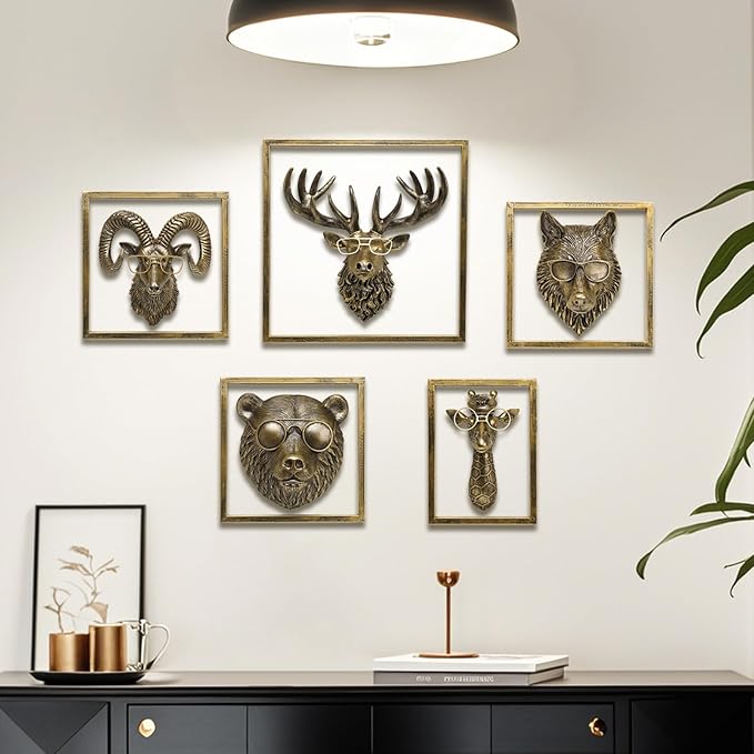 JJALIGHTS Animal Heads Wall Decor Resin Animals Sculptures Head Wall Hanging Decoration Imitation Copper vintage Wall Sculpture for Living Room Bedroom Office(5pcs,Includes Metal Frame)