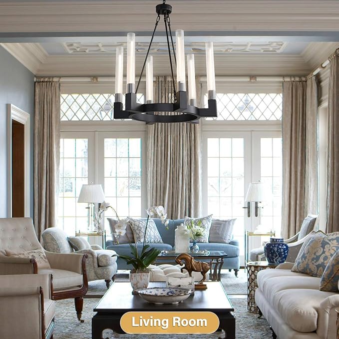 Black Farmhouse Wagon Wheel Chandelier with Glass Tube, 23.6 Inch Large Round 6-Light Luxurious Chandelier Fixture Ceiling Pendant Lighting for Living Room, Dining Room, Bedroom, Foyer