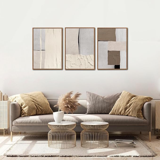 LHIUEM Abstract Neutral Framed Canvas Wall Art Set of 3(12”X16”) Mid Century Beige Textured Wall Decor Brown Wall Art Wood Framed Photography Gray Pictures Above Couch for Living Room Bedroom Office