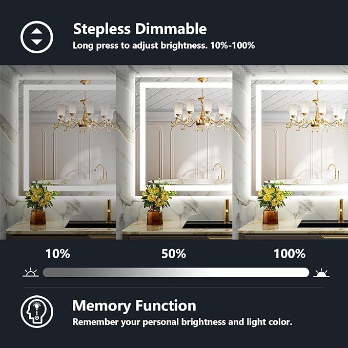 48x30 Inch LED Bathroom Mirror with Lights Front and Backlit Lighted Vanity Mirror for Bathroom Wall with 3 Colors Dimmable Anti-Fog Memory Shatter-Proof IP54 Waterproof Horizontal/Vertical