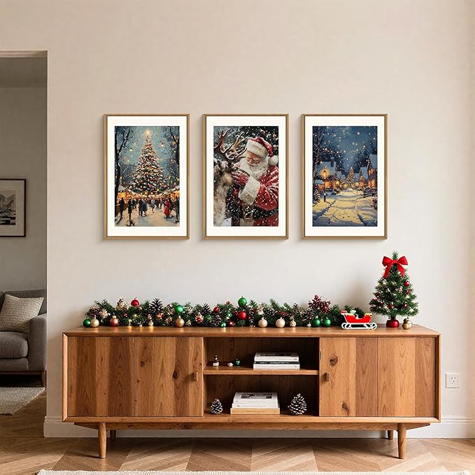 Large Enchanting Christmas Framed Canvas Wall Art Set,Santa Claus Reindeer Wall Decor,Magical Glowing Christmas Tree Artwork,Winter Snowy Village Art Print for Living Room,Bedroom- 16"x24"x3