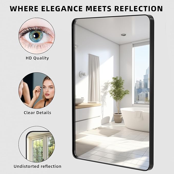 Kosmonia 30x22 Bathroom Vanity Mirror for Wall, Aluminum Framed, Farmhouse Rectangle, Anti-Rust, HD Reflection Anti-Desilvering, Distortion Free, Tempered and Shatter-Proof Wall Mounted Mirror, Black