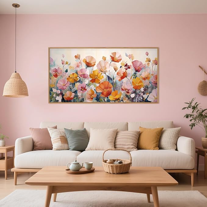 Nature Pink Floral Framed Canvas Wall Art Set,Boho Colorful Wildflowers Botanical Wall Decor, Modern Aesthetic Bohemian Flowers Art Print for Living Room,Bedroom-20 x40