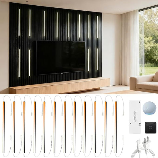 12Pcs 15‘’ Linkable CCT COB Recessed LED Light Bar Kit,2700K~6500K,with Rechargeable RF & Alexa Voice Control,for Wood Slat Wall Panel,Home Decor,Under Cabinet Strip Light,Black Channel