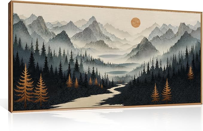 Ausril Watercolor Misty Forest Framed Canvas Wall Art Set, Foggy Mountain Wall Decor, Misty Pine Tree Wall Painting, Large Nature Landscape Art Prints for Living Room, Bedroom, Office - 20"X40"