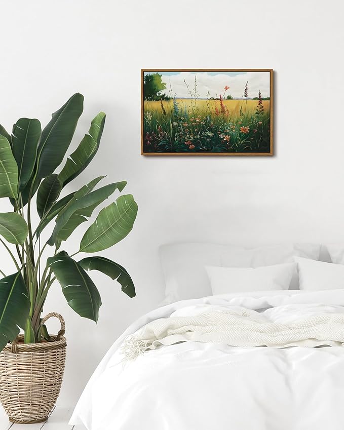KISSFOX Vintage Wildflower Field Landscape Framed Wall Art Summer Countryside Meadow Canvas Art Farmhouse Rustic Paintings Artwork Nature Serene Art Prints For Kitchen Living room Bedroom