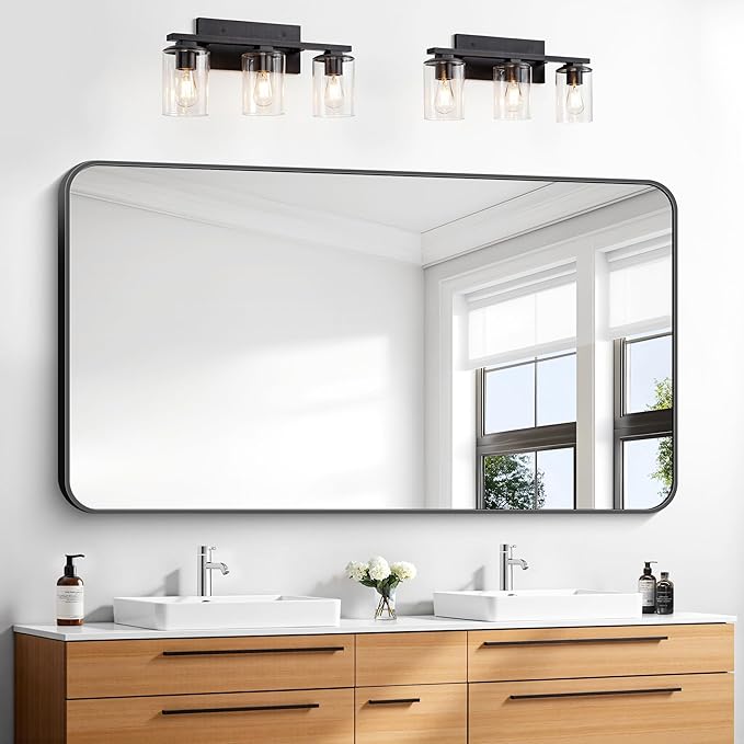 30x55 inch Bathroom Mirror,Black Rectangle Mirror,Wall Mounted Bathroom Frame Vanity Mirror with Round Corner for Bedroom Living Room, Entryway Hangs Horizontal or Vertical
