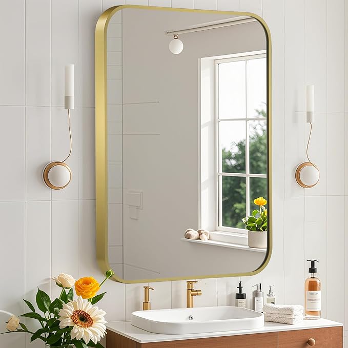 Matte Gold Mirror, 22x30 Inch Brushed Gold Mirror, Aluminum Alloy Framed Vanity Mirror, Rounded Rectangle Bathroom Mirror for Over Sink, Anti-Rust Wall Mirror (Horizontally or Vertically)