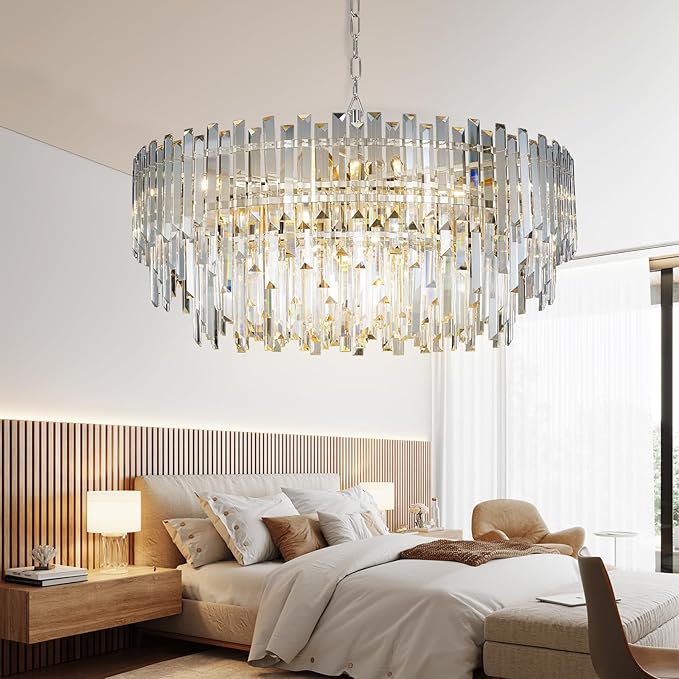 31.5" Modern Crystal Chandelier, 3-Tier Chrome Pendant Light with 13 Lights, Luxury K9 Crystal Ceiling Fixture for Dining Room Living Room Foyer