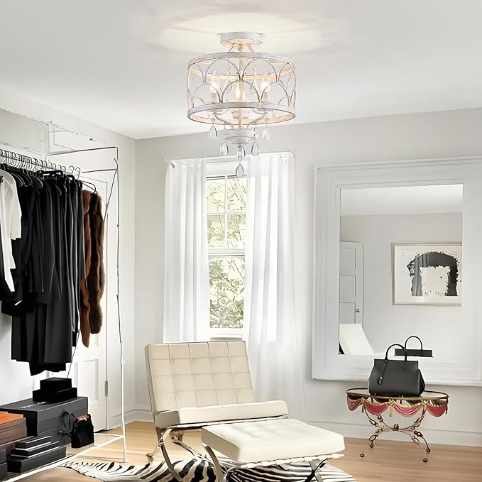 Crystal Ceiling Light Fixture, Modern Small Chandelier Light Fixture, Farmhouse White Semi Flush Mount Ceiling Light, Round Hallway Lighting Fixtures for Bedroom Entryway Dining Room Living Room