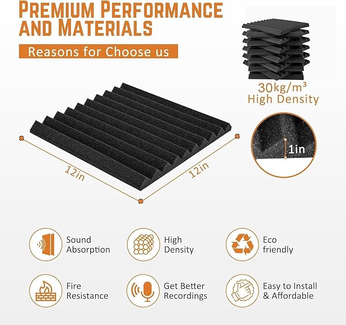 Acoustic Foam Panels 48 Pack 1" x 12"x 12" Saiqiang Red Soundproofing Panels Wedges for Wall Noise Absorbing and Sound-Damping Fire-Resistant Sound Proof for Studio, Gaming Room