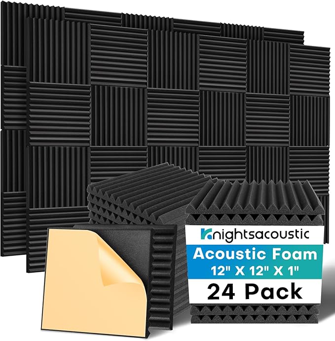 24 Pack Sound Proof Foam Panels for Walls with Self Adhesive, 12x12x1 Acoustic Foam Panels, High Density Acoustic Panels Sound Absorbing, Fire Resistant Studio Sound Proofing Black