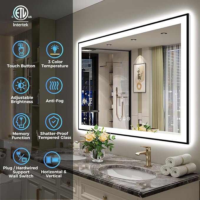 48x36 Inch LED Bathroom Mirror with Lights (Front Lit and Backlit) Black Framed Lighted Vanity Mirror for Bathroom Wall Dimmable Anti-Fog Memory Tempered Glass Horizontal/Vertical