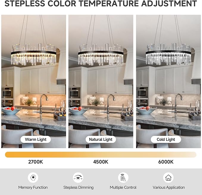 Black Modern Led Crystal Chandelier: 23.6" Round Contemporary 3 Color Dimmable Dining Room Light Fixture over Table - Adjustable Lighting Chandeliers for Bedroom Living Kitchen Island Entryway Foyer