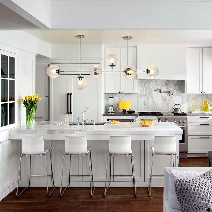 KCO Lighting Mid Century Modern Rectangle Light Fixture 6-Light Glass Globe Linear Chandelier Brushed Nickel Pendant Light Fixture Adjustable Kitchen Island Lighting (Silver+Amber)