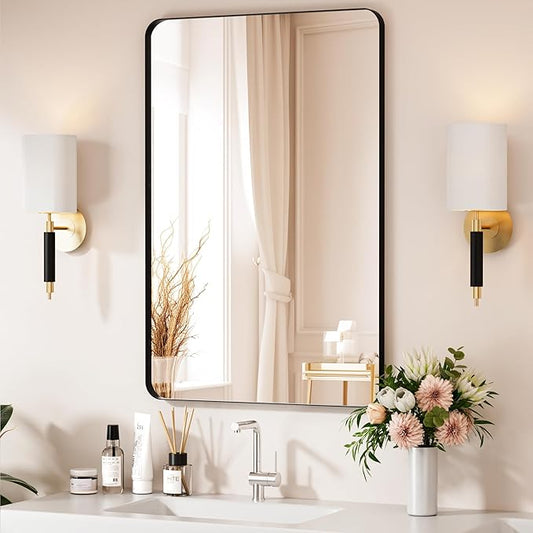 Black Bathroom Mirror 24X36 Inch Bathroom Vanity Mirror for Wall, Metal Frame Large Mirror, Tempered Glass, Modern Wall Mirror for Bathroom, Farmhouse, Horizontally or Vertically Hanging