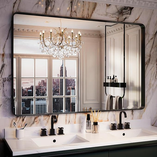 Black Bathroom Mirror for Wall, 55x36 Inch Matte Black Framed Bathroom Vanity Mirror for Farmhouse Living Room Bedroom, Anti-Rust, Tempered Glass, Rounded Corner, Horizontal/Vertical