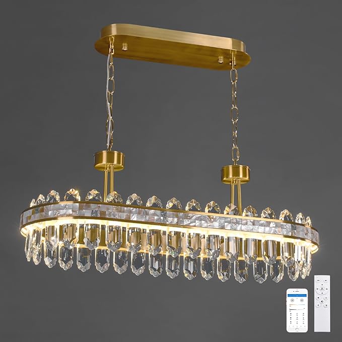 Modern Rectangle Led Crystal Chandelier for Dining Room - L31.5'' Gold 3 Color Stepless Dimmable Oval Chandelier,Luxury Long Linear Chandeliers for Living Room Kitchen Island with Remote Control