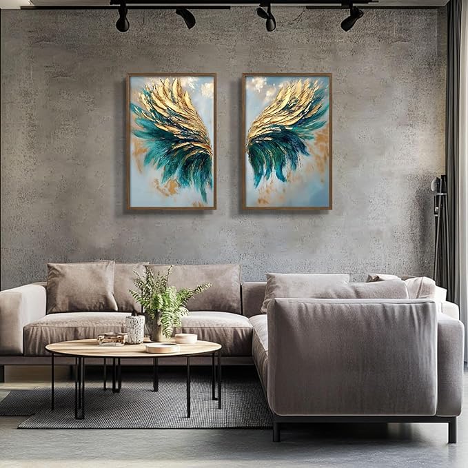 2pcs Wood Framed Green Abstract Canvas Wall Art - Abstract Angel Wings Artwork - Modern Gold Blue Wings Prints Posters - Living Room Bedroom Decorative Paintings Gallery Style Wall Hanging Pictures