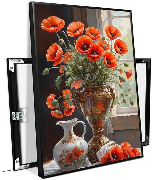 Vibrant orange poppy flowers canvas painting Gold vase White ceramic jug Intricate floral pattern Sunlit window Peeling paint Realistic brushstrokes Rich color palette Botanical wall art decor