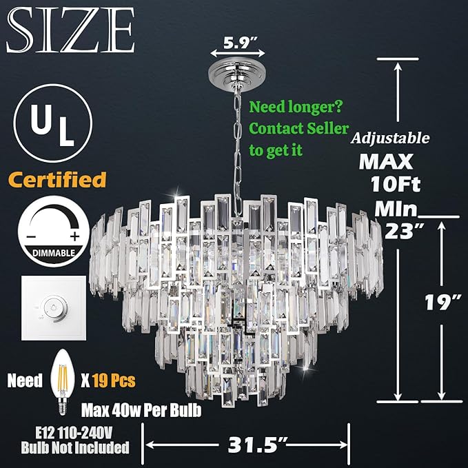 Chrome Crystal Chandelier Lighting 31.5'' Foyer Hall Entry Way Chandeliers Light Fixture for High Ceiling Sloped Pendant Hanging Modern Contemporary Style Round Large