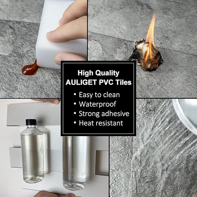 AULIGET 2-Piece Dark Slate Peel and Stick Backsplash Wall Tiles, 6" x 12" PVC Faux Stone Stick on Tiles for Backsplash Kitchen, Bathroom, Laundry Room, Camper, Fireplace