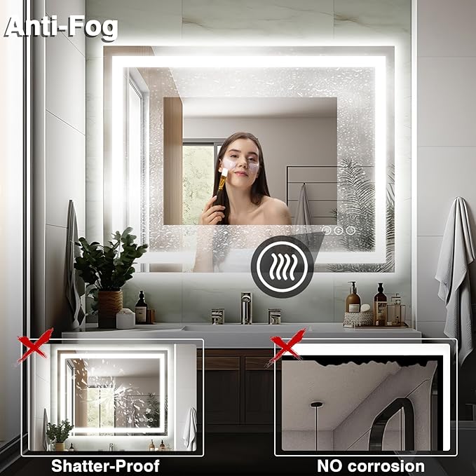 40"x32" LED Bathroom Mirror for Wall, Front and Backlit, Anti-Fog Vanity With Lights, Stepless Dimmable, 3 Colors Smart (Horizontal/Vertical)