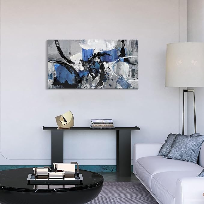 Abstract Canvas Wall Art: Large Wall Art for Living Room, Bedroom & Gray Office Decorations for Work, Framed Artwork - Modern Decor with Blue & Black Paintings