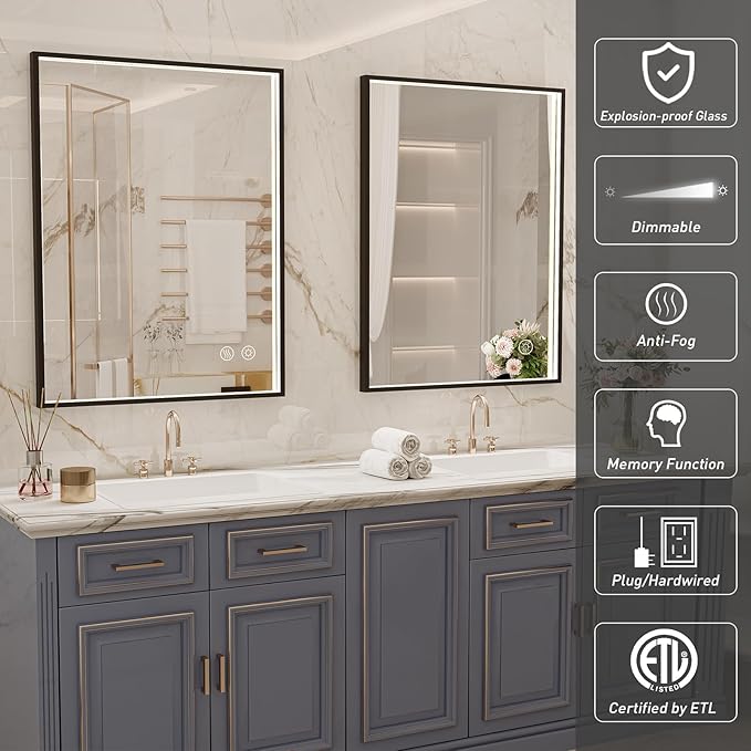 24x32 Inch LED Bathroom Mirror with Lights, Black Metal Frame Mirror, Wall Mounted Lighted Vanity Mirrors