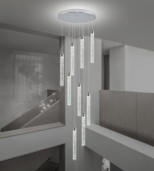 9-Lights High Ceiling Crystal Staircase Chandelier Silver, Modern Spiral Raindrop Dimmable LED Bubble Cluster Ceiling Hanging Lighting Fixture for Foyer Living Room Entrance Remote Control