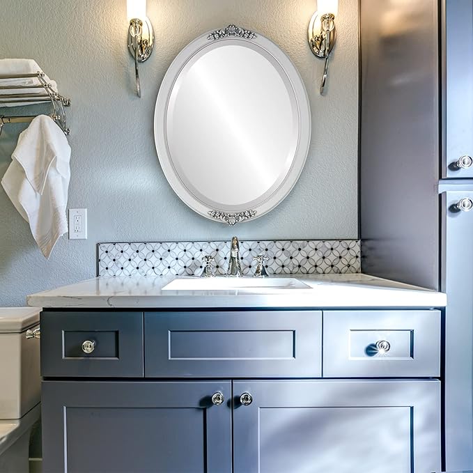 OVALCREST Oval Beveled Wall Mirror for Home Decor - Athena Style - Linen White - 18" x 14" Outside Dimensions