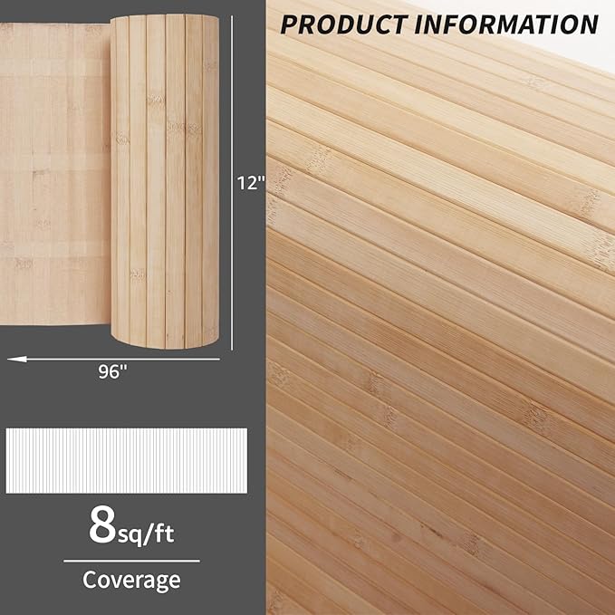 Art3d Natural Bamboo Wall Panel for Interior Wall Decor, Renewable Pole Wrap Wainscoting Paneling for Wall Ceiling Furniture Cabinet Office, 12 x 96 Inch, 2-Pack - Carbonized