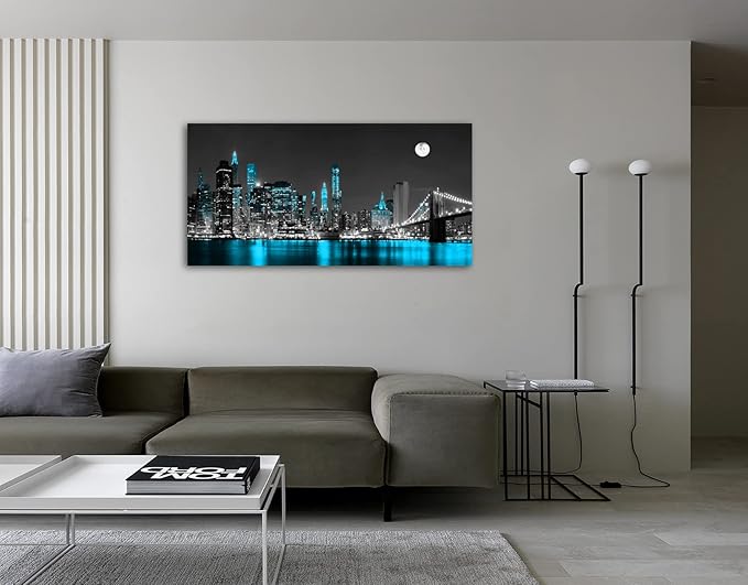 Jiuqinghua Wall Art Decor Canvas Print Picture 1 Panel Black White and Blue New York Brooklyn Bridge Cityscape Night Building Painting for Kitchen Office Home Decor Framed Ready to Hang 30x60inch