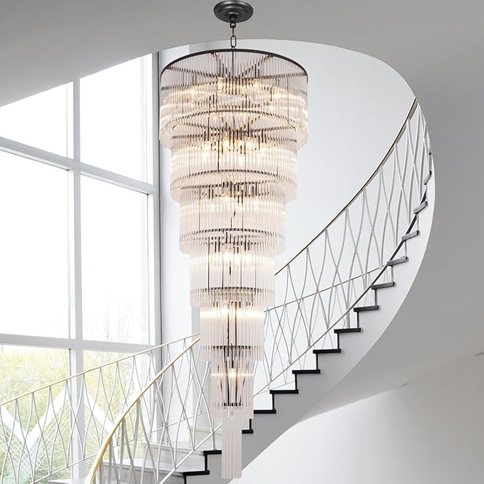 Large Black Chandeliers H71 Modern High Ceiling Chandelier 7-Tier Glass Chandelier Foyer Entryway Ceiling Light Fixture for Staircase Grand Living Room Entry Extra Long