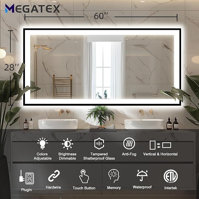 60x28 Bathroom LED Mirror, Black Aluminum Edge Lighted Mirror, 3 Colors Stepless Dimmable Vanity Mirror, Skincare, Anti-Fog, Shatter-Proof, ETL Listed, Memory Smart Mirror(Horizontal/Vertical)
