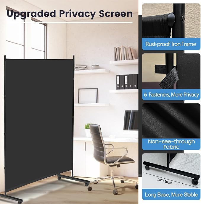 MAYOLIAH Large Single Panel Room Divider on Wheels, 71”W x 75”H Rolling Privacy Screen, Portable Wall Divider for Home Office Partition, Black