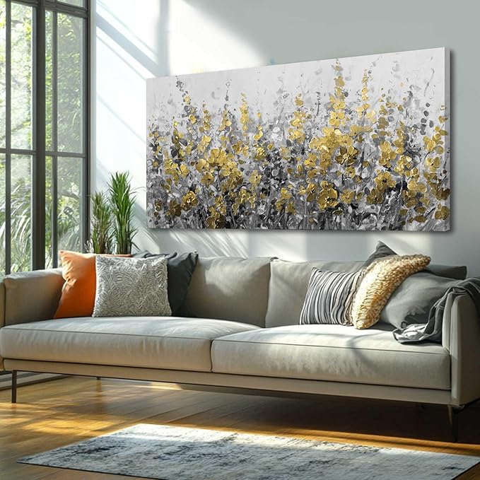 MLART99 Summer Flower Wall Art 24"x48" Prints Floral Canvas Art Gold Foil Nature Art Botanical Wall Decor Decoration Kitchen Pictures for Living Room Bedroom Kitchen