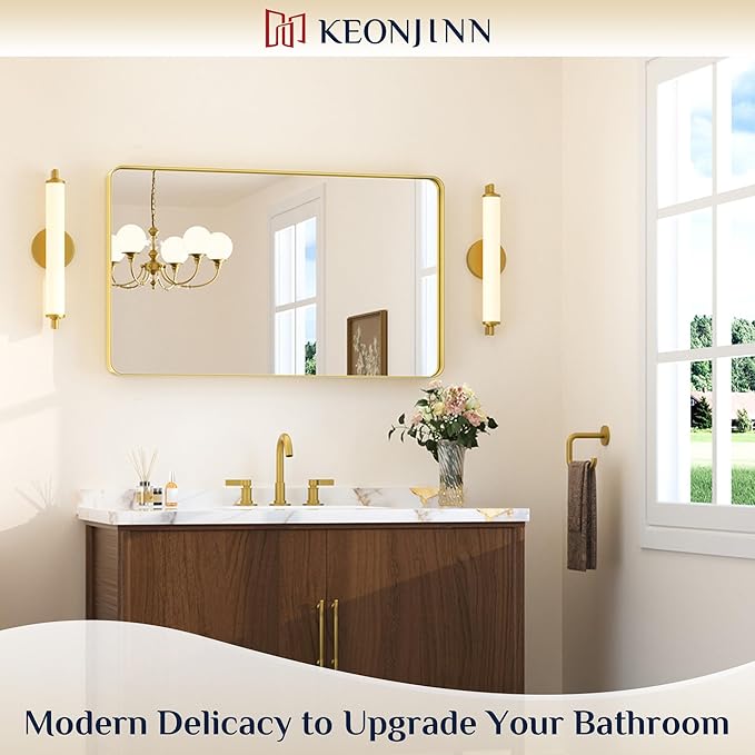 Keonjinn Gold Bathroom Mirrors for Over Sink, 40” x 24” Rounded Rectangle Brushed Gold Vanity Mirror, Anti-Rust Brass Mirror with HD Tempered Glass, Decorative Farmhouse Mirrors, Horizontal/Vertical