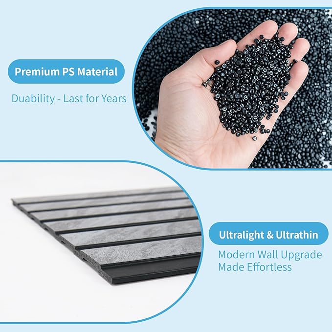 Art3d 4-Pack Glue-On Six-Grid Wainscoting Panel for Interior Wall Decor - 104 x 12 Inch Polystyrene Ultralight Slim Slat Wall Panels for Living Room Bedroom, Granite