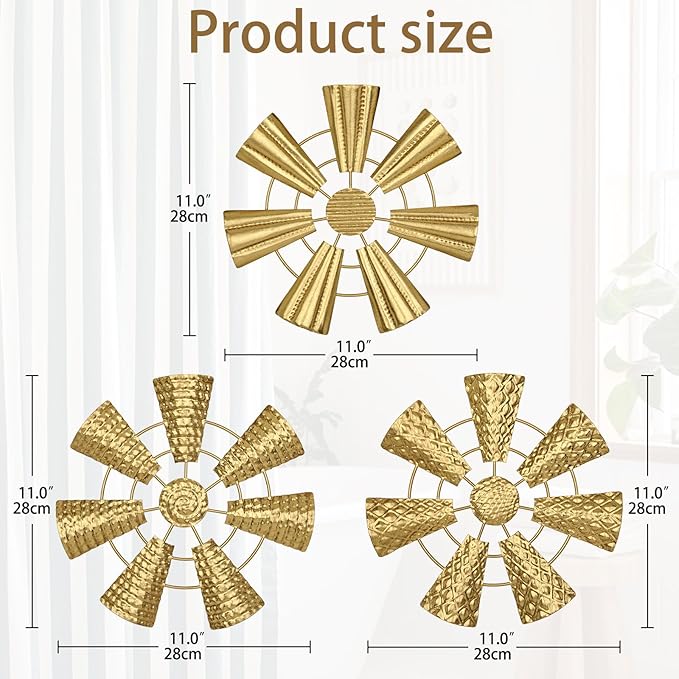 Briful 12" Wall Décor Pack of 3 Metal Gold Windmill Radial Plate Wall Art Modern Accent Hanging Wall Decorations For Home Office Living Room Wall Sculptures