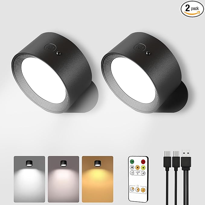 LED Wall Mounted Lights, Rechargeable Wall Sconces Lamp, 3 Color Temps & Remote and Touch, 360°Rotation Dimmable Cordless Wall Light for Study Bedroom Reading Bedside(Black, 2 Pack)