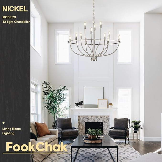 12 Light Brushed Nickel Chandelier, Large Chandeliers for High Ceilings, 36inch Metal Chrome Chandelier Light Fixture Metal Candle Chandelier with Long Chain for Dining Foyer Kitchen Bedroom