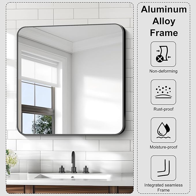 KOCUUY Bathroom Mirror 30"x30", Black Square Mirrors for Over Sink, Modern Vanity Mirror with Rounded Corner Metal Frame, Shatterproof Designed Wall Mirror for Bedroom, Living Room, Entryway
