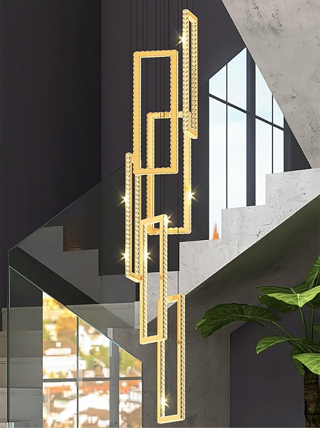 Modern Led Gold Chandelier Adjustable 6 Rings Crystal Chandelier for Living Room Foyer Stairwell Lighting High Ceiling Lamp Dimmable 2700K-6000K