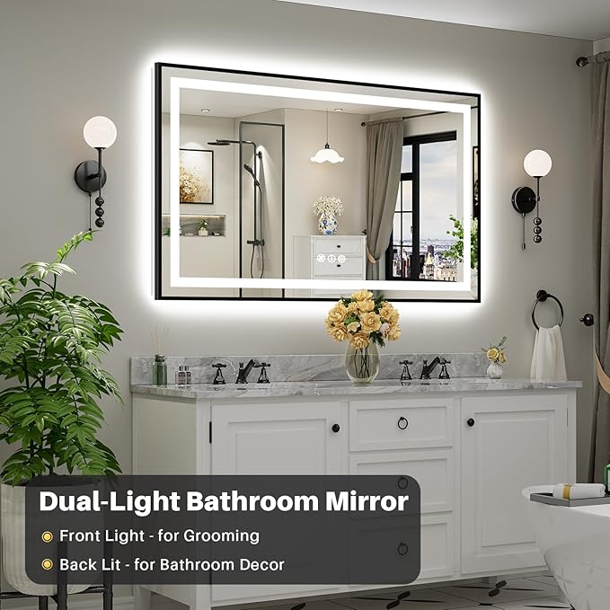 60x36 Inch LED Bathroom Mirror with Black Frame, Backlit & Front Lit, Anti-Fog Lighted Bathroom Vanity Mirror for Wall, Memory Function, Dimmable, HD Tempered Glass, Shatter-Proof