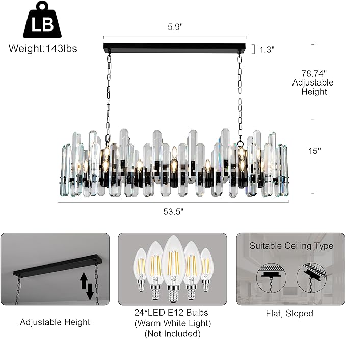 54" Black Chandelier, 24-Light Modern Rectangular Crystal Chandelier for Dining Room, Kitchen Island, Living Room, Bedroom, Foyer, Contemporary Adjustable Chain Chandeliers, Luxury K9 Light Fixture