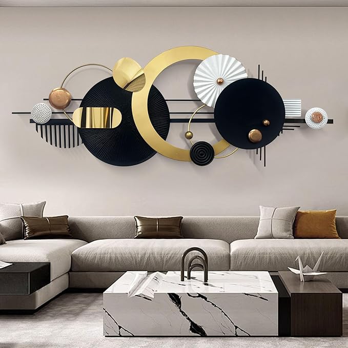 Large Modern Abstract Metal Wall Art, Black and Gold Geometric Circles Wall Decoration, Contemporary Home Decor,59 × 24 inches Wall Art for Living Room/Dinning Room/Bedroom/Entryway/Kitchen/Office