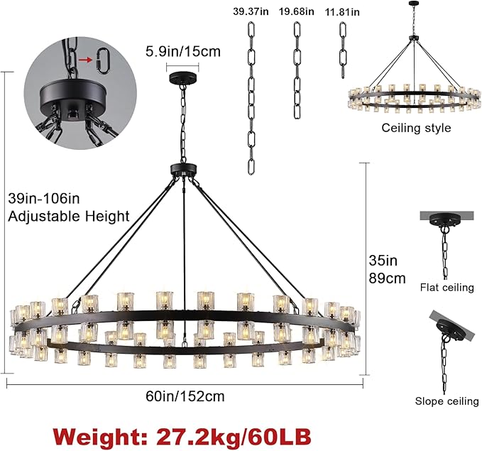 60 Inch Black Wagon Wheel Chandelier with Crystal Shade, 60 Lights, Modern Farmhouse Style, Ideal for Dining Room, Kitchen, Entryways