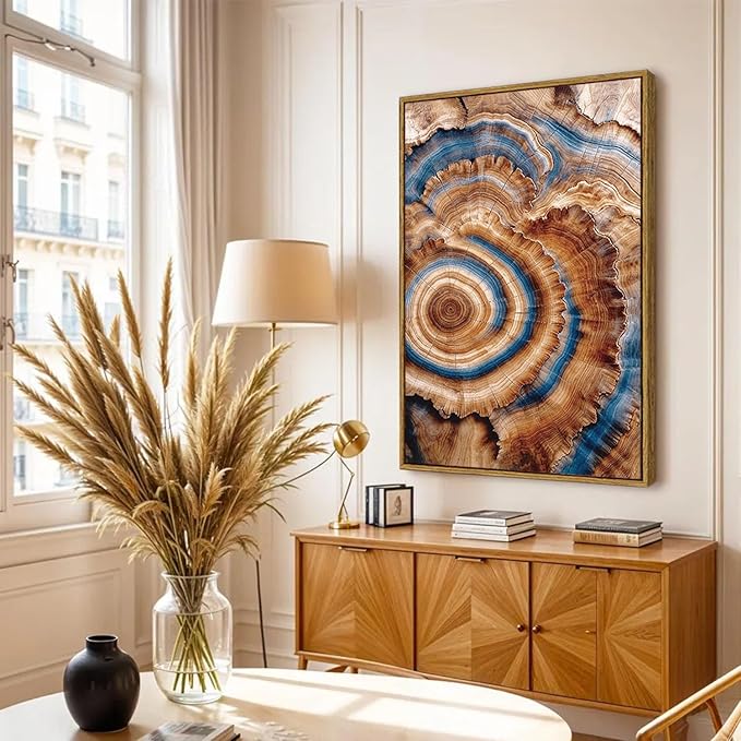 BingruiArt Large Framed Tree Ring Wall Art Wood Canvas Colorful Boho Wall Decor Rustic Artwork Abstract Painting Farmhouse Picture Nature Print for Living Room Bedroom Bathroom 24"x36" Natural Framed(10)